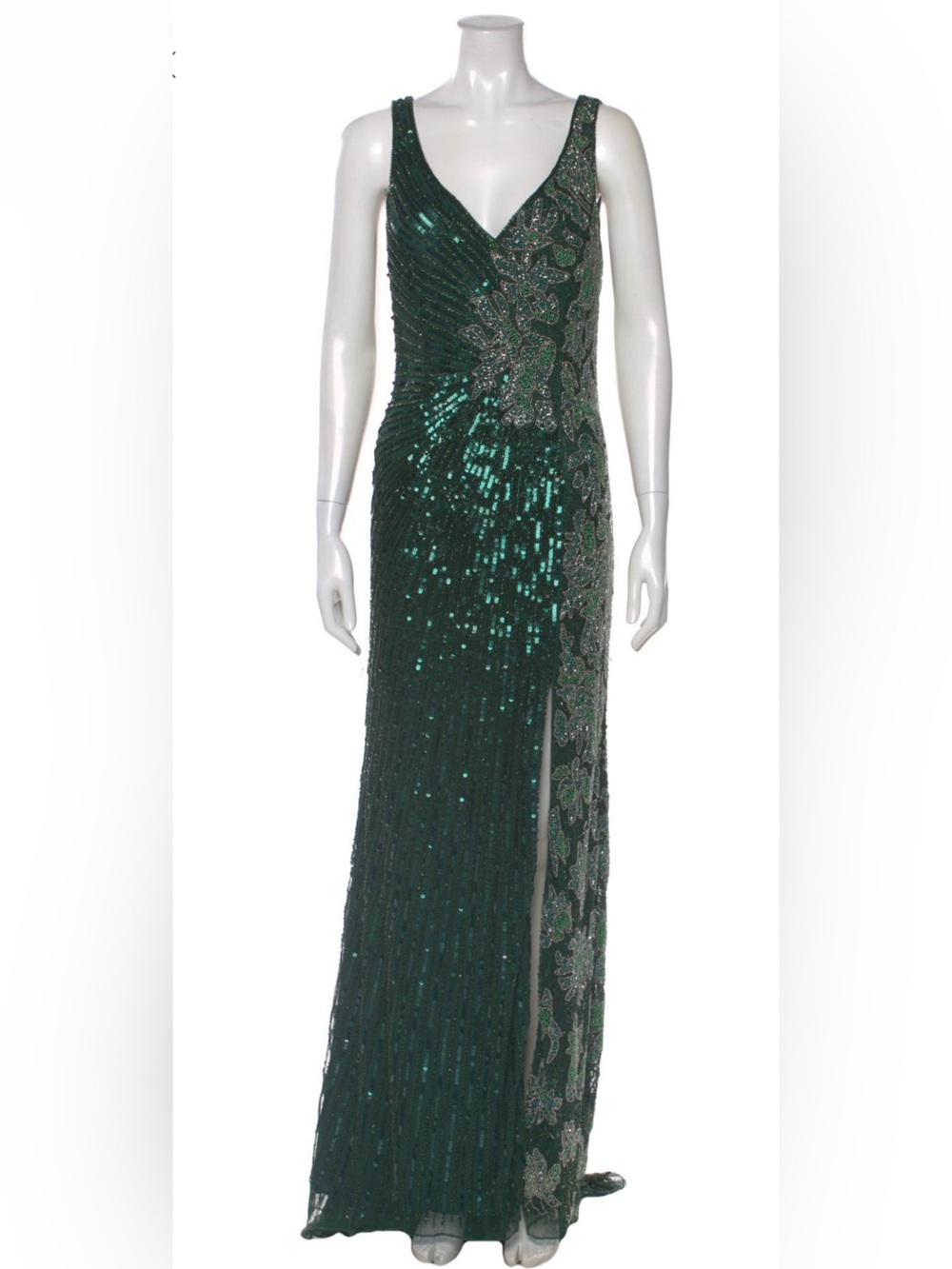 Mac Duggal Size 18 Deep Green Beaded Floral V-Neck Gown